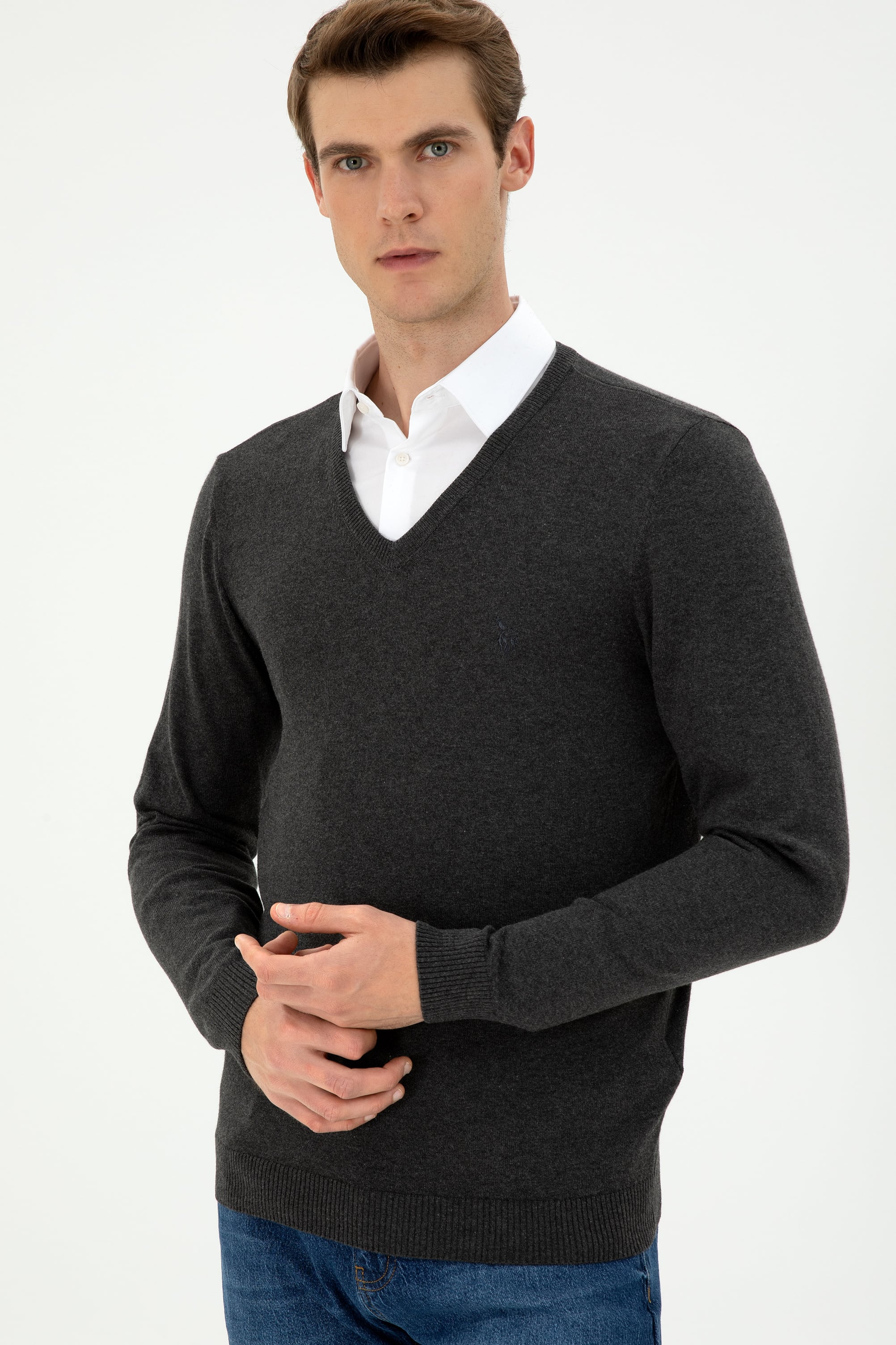Erkek Slim Fit V Yaka Antrasit Melanj Basic Kazak