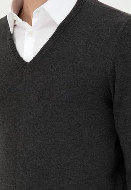 Erkek Slim Fit V Yaka Antrasit Melanj Basic Kazak - 50294764105