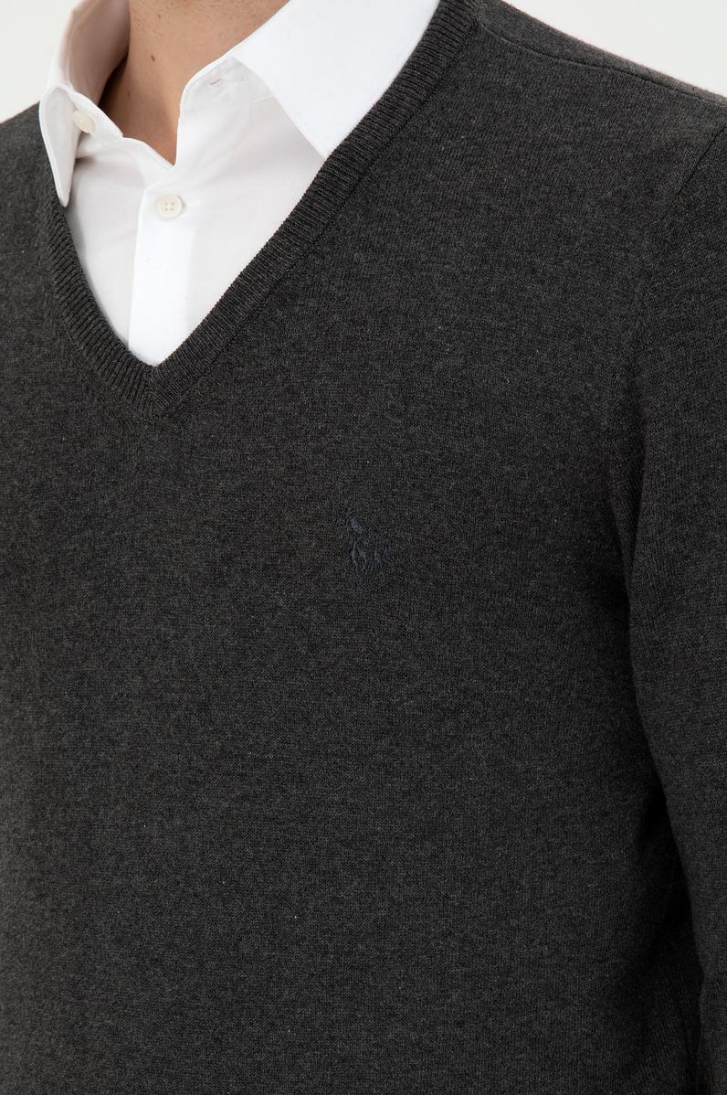 Erkek Slim Fit V Yaka Antrasit Melanj Basic Kazak