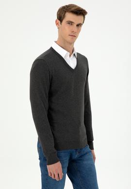 Erkek Slim Fit V Yaka Antrasit Melanj Basic Kazak - 50294764105