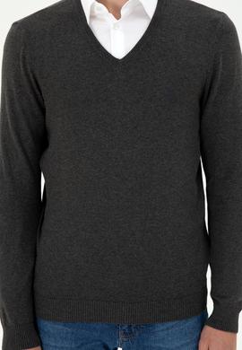 Erkek Slim Fit V Yaka Antrasit Melanj Basic Kazak - 50294764105
