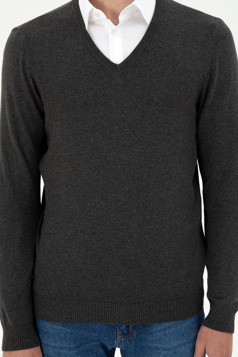 Erkek Slim Fit V Yaka Antrasit Melanj Basic Kazak - 50294764105
