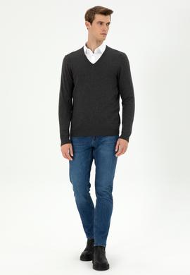 Erkek Slim Fit V Yaka Antrasit Melanj Basic Kazak - 50294764105