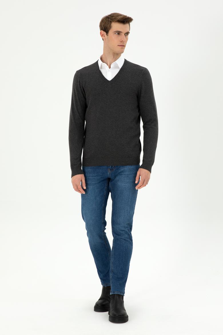 Erkek Slim Fit V Yaka Antrasit Melanj Basic Kazak - 50294764105