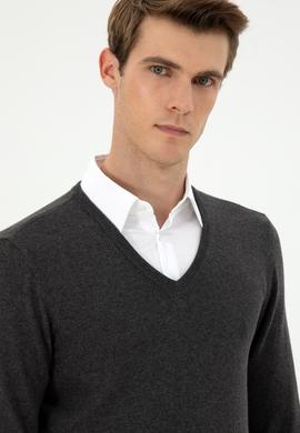 Erkek Slim Fit V Yaka Antrasit Melanj Basic Kazak - 50294764105