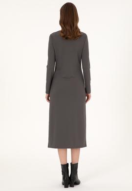 Kadın Antrasit Yırtmaçlı Dik Yaka Midi Boy Örme Elbise - 50297367031