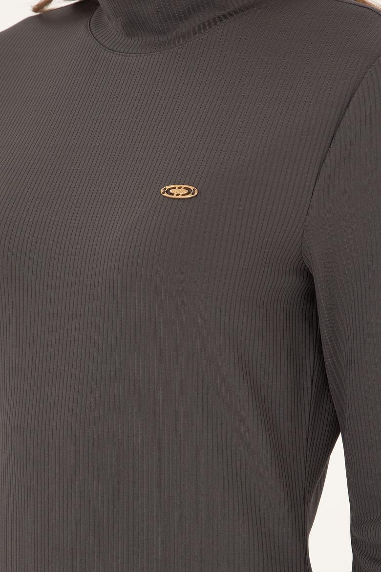 Kadın Antrasit Yırtmaçlı Dik Yaka Midi Boy Örme Elbise - 50297367031