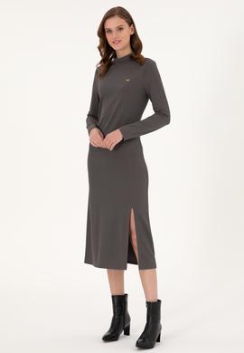 Kadın Antrasit Yırtmaçlı Dik Yaka Midi Boy Örme Elbise - 50297367031