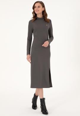 Kadın Antrasit Yırtmaçlı Dik Yaka Midi Boy Örme Elbise - 50297367031