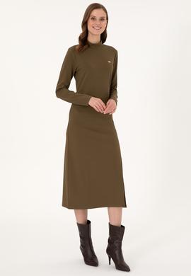 Kadın Haki Yırtmaçlı Dik Yaka Midi Boy Örme Elbise - 50297367008