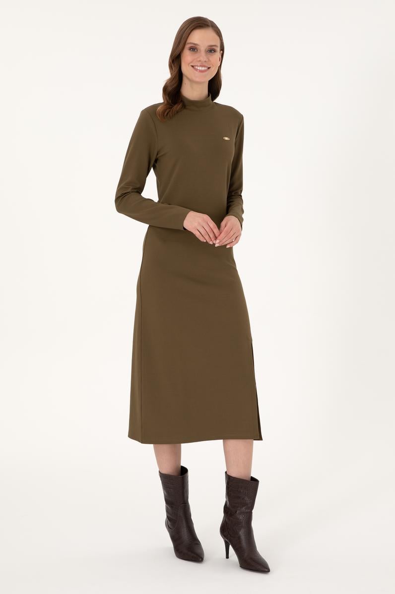 Kadın Haki Yırtmaçlı Dik Yaka Midi Boy Örme Elbise