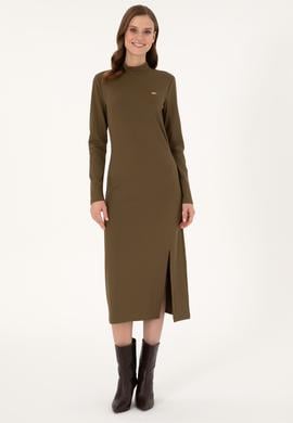 Kadın Haki Yırtmaçlı Dik Yaka Midi Boy Örme Elbise - 50297367008
