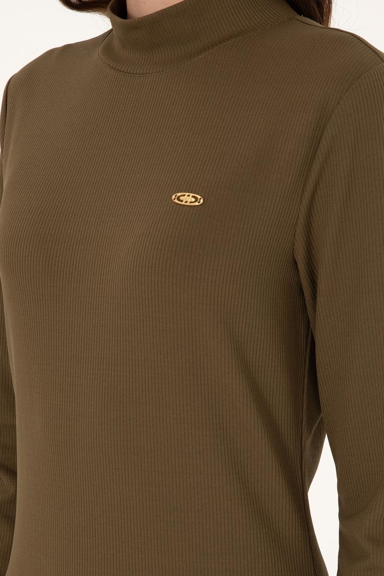 Kadın Haki Yırtmaçlı Dik Yaka Midi Boy Örme Elbise - 50297367008