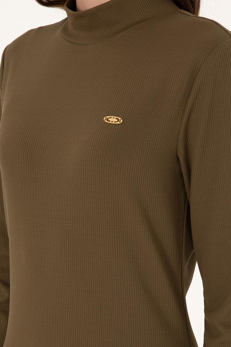 Kadın Haki Yırtmaçlı Dik Yaka Midi Boy Örme Elbise