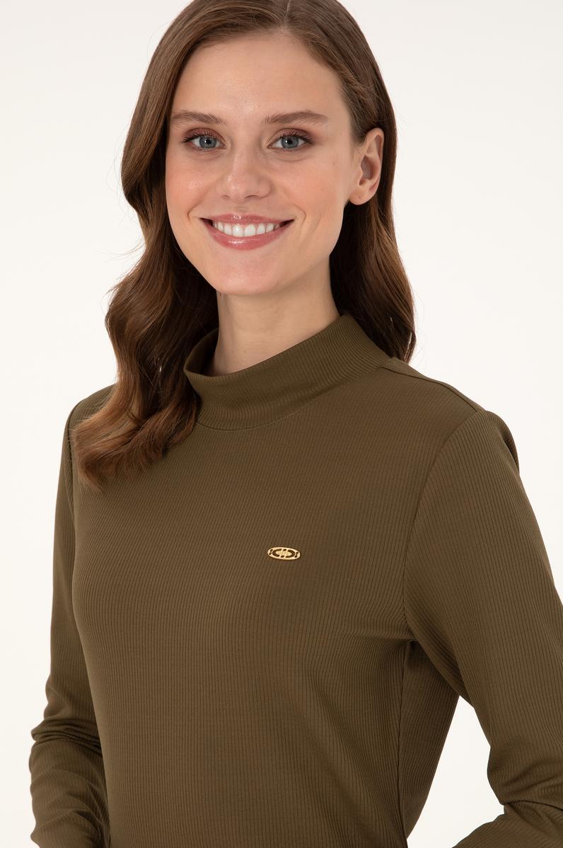 Kadın Haki Yırtmaçlı Dik Yaka Midi Boy Örme Elbise