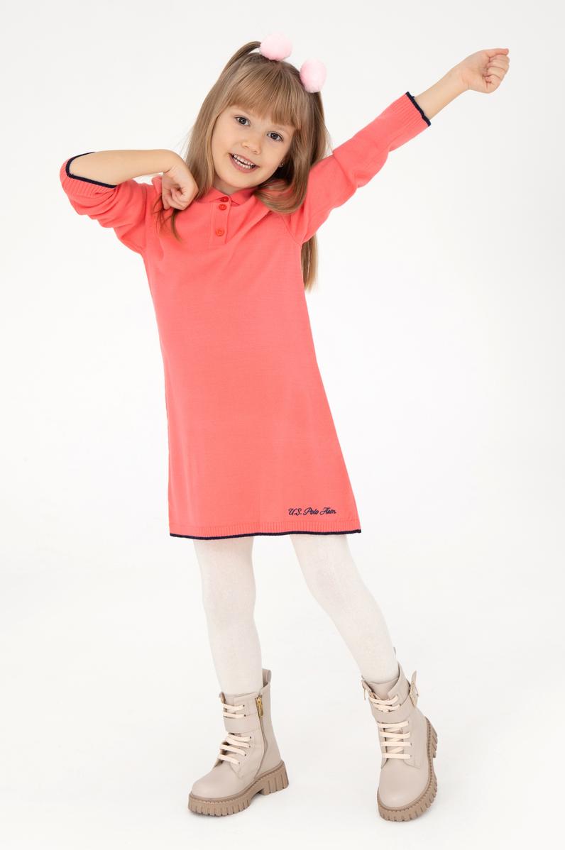 Kız Çocuk Nar Çiçeği Polo Yaka Triko Elbise