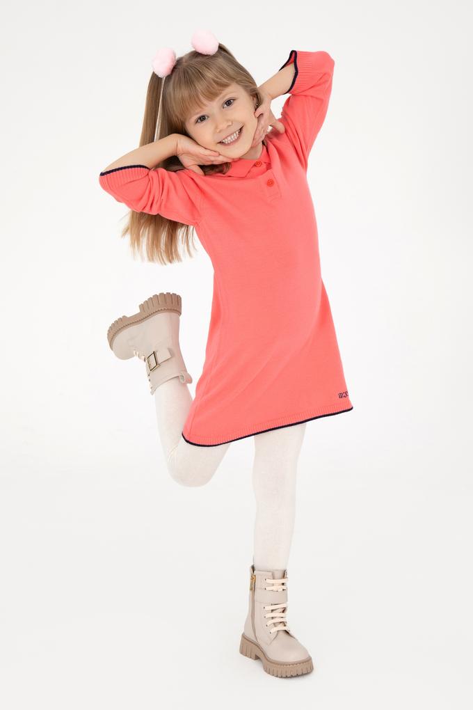 Kız Çocuk Nar Çiçeği Polo Yaka Triko Elbise