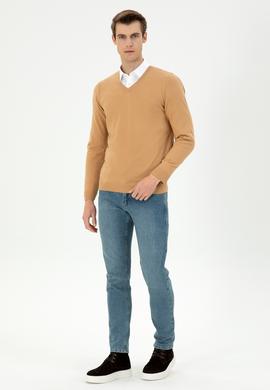 Erkek Slim Fit V Yaka Camel Basic Kazak - 50294764098