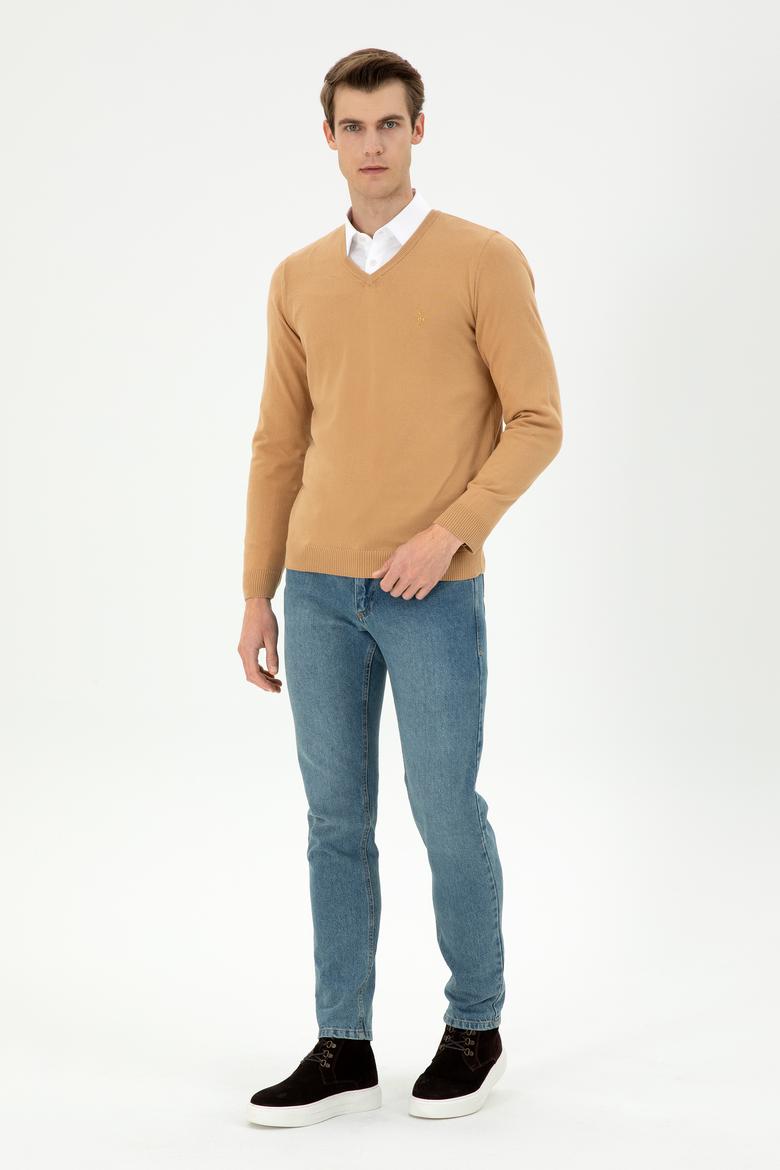 Erkek Slim Fit V Yaka Camel Basic Kazak - 50294764098