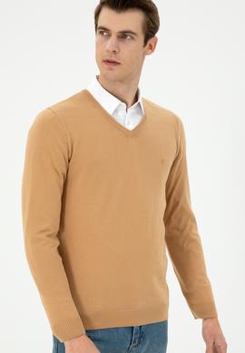 Erkek Slim Fit V Yaka Camel Basic Kazak - 50294764098