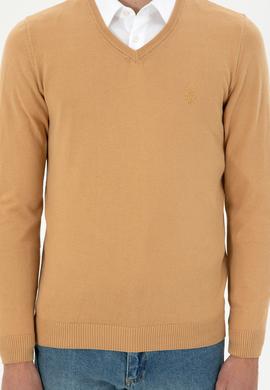 Erkek Slim Fit V Yaka Camel Basic Kazak - 50294764098