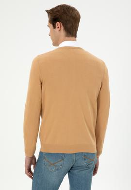Erkek Slim Fit V Yaka Camel Basic Kazak - 50294764098