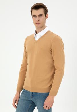 Erkek Slim Fit V Yaka Camel Basic Kazak - 50294764098