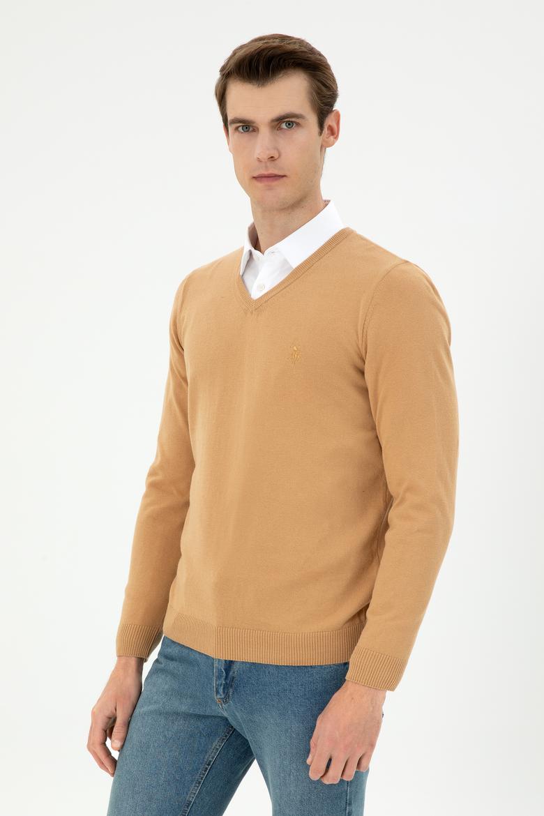 Erkek Slim Fit V Yaka Camel Basic Kazak