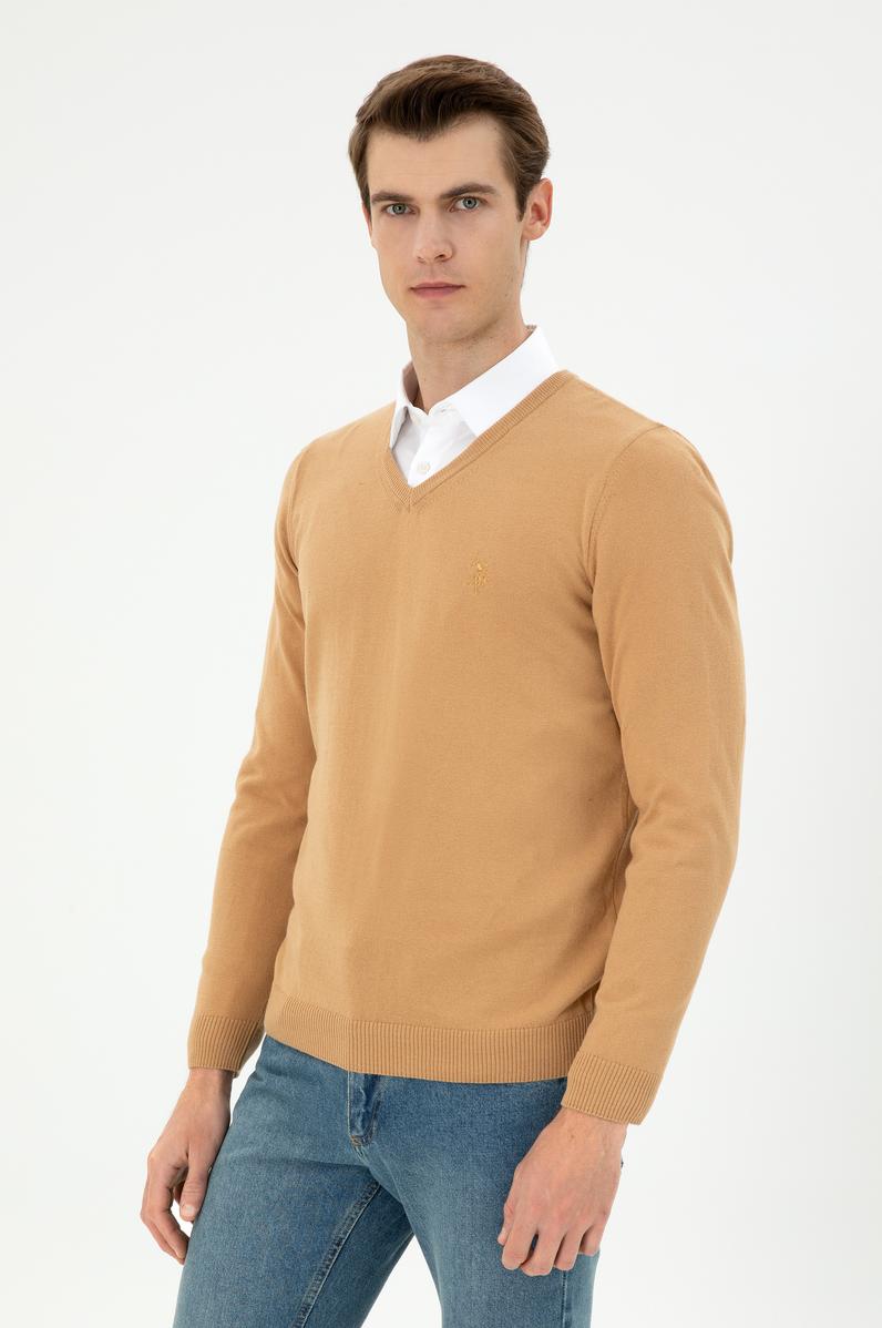Erkek Slim Fit V Yaka Camel Basic Kazak