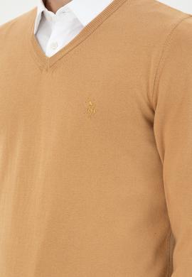 Erkek Slim Fit V Yaka Camel Basic Kazak - 50294764098