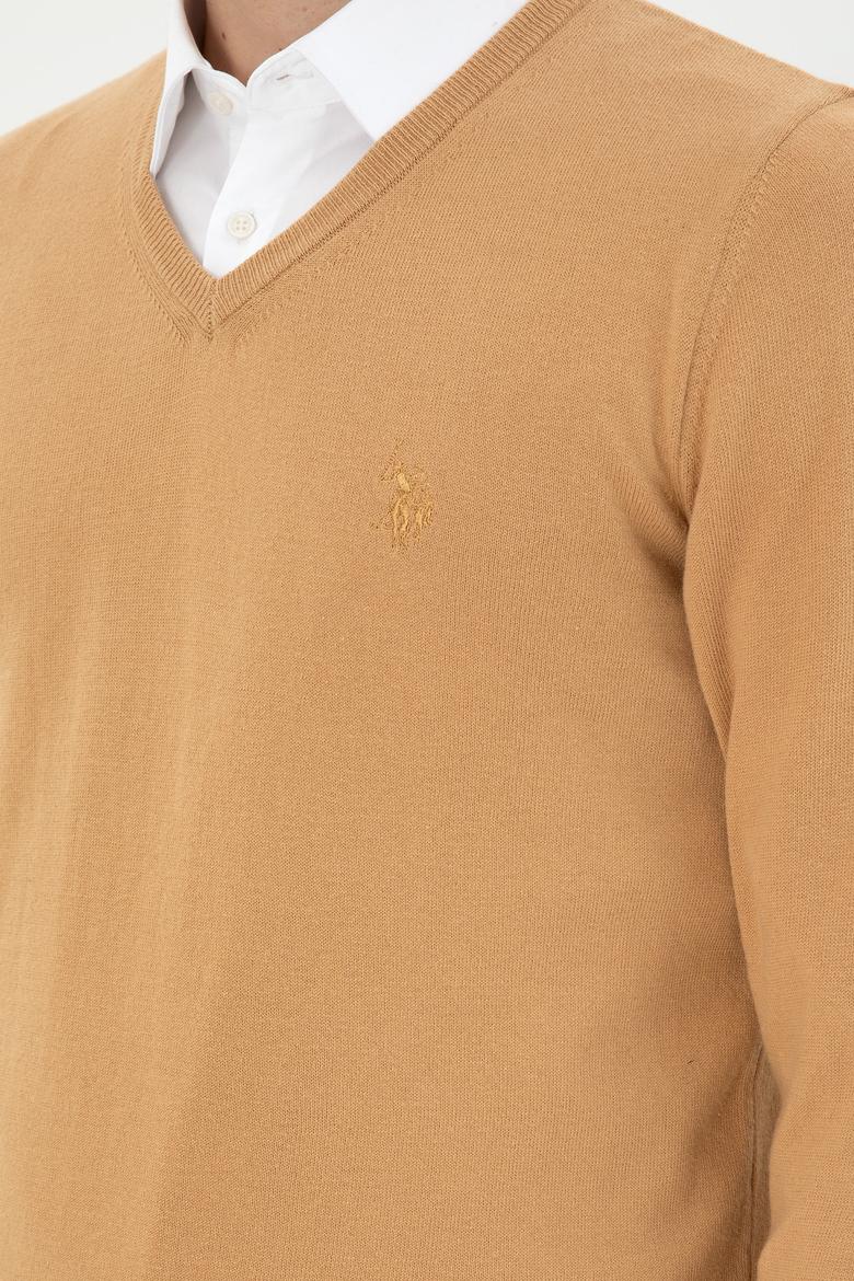 Erkek Slim Fit V Yaka Camel Basic Kazak - 50294764098