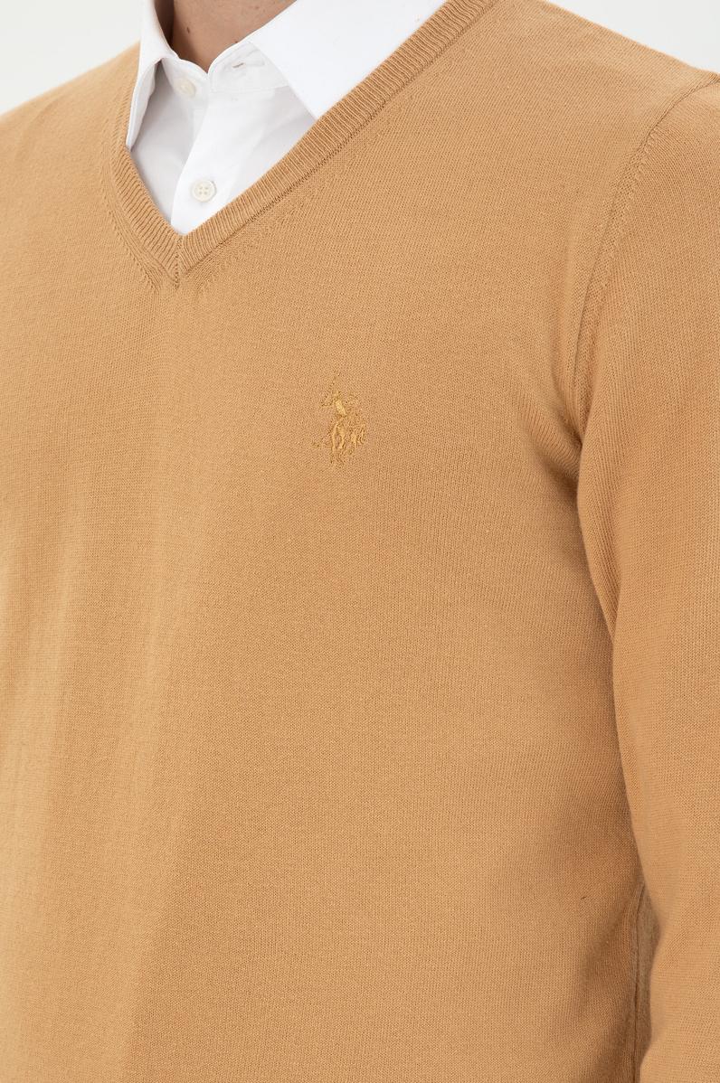 Erkek Slim Fit V Yaka Camel Basic Kazak