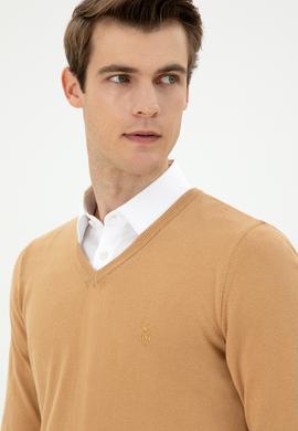 Erkek Slim Fit V Yaka Camel Basic Kazak - 50294764098