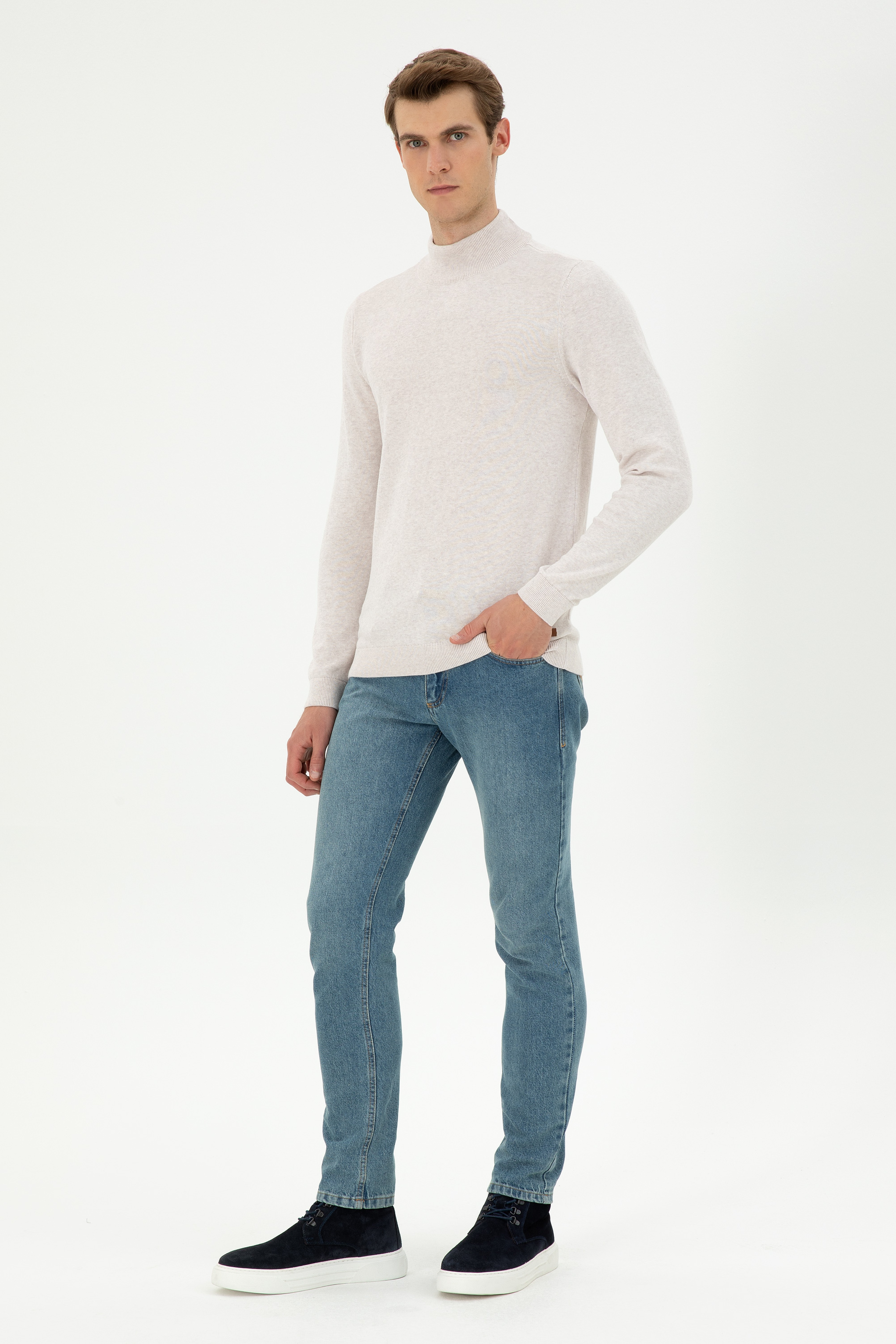 Erkek Slim Fit Yarım Balıkçı Yaka Taş Melanj Basic Kazak - Image 4