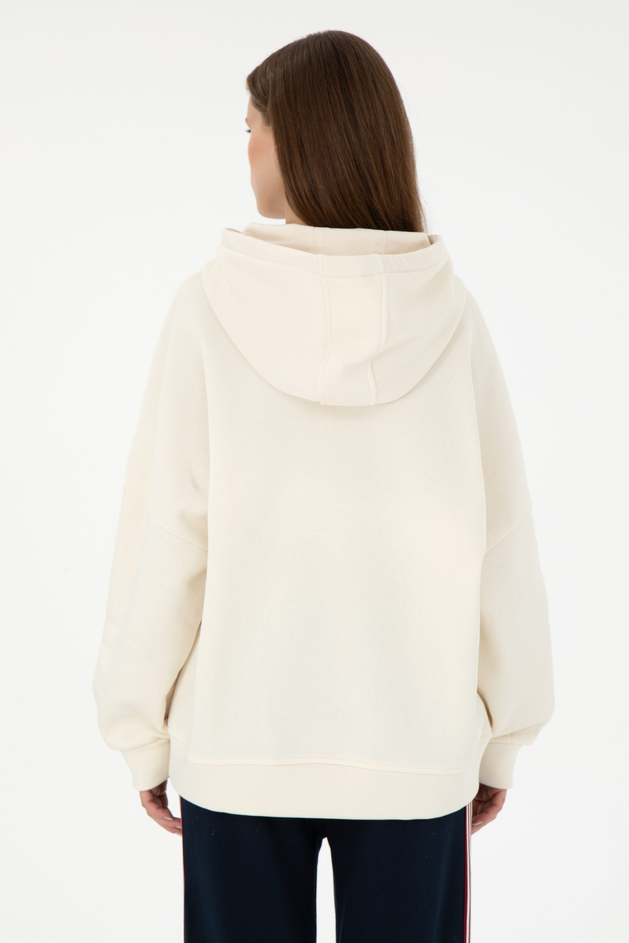 Kadın Krem Kapüşonlu Sweatshirt - Image 5