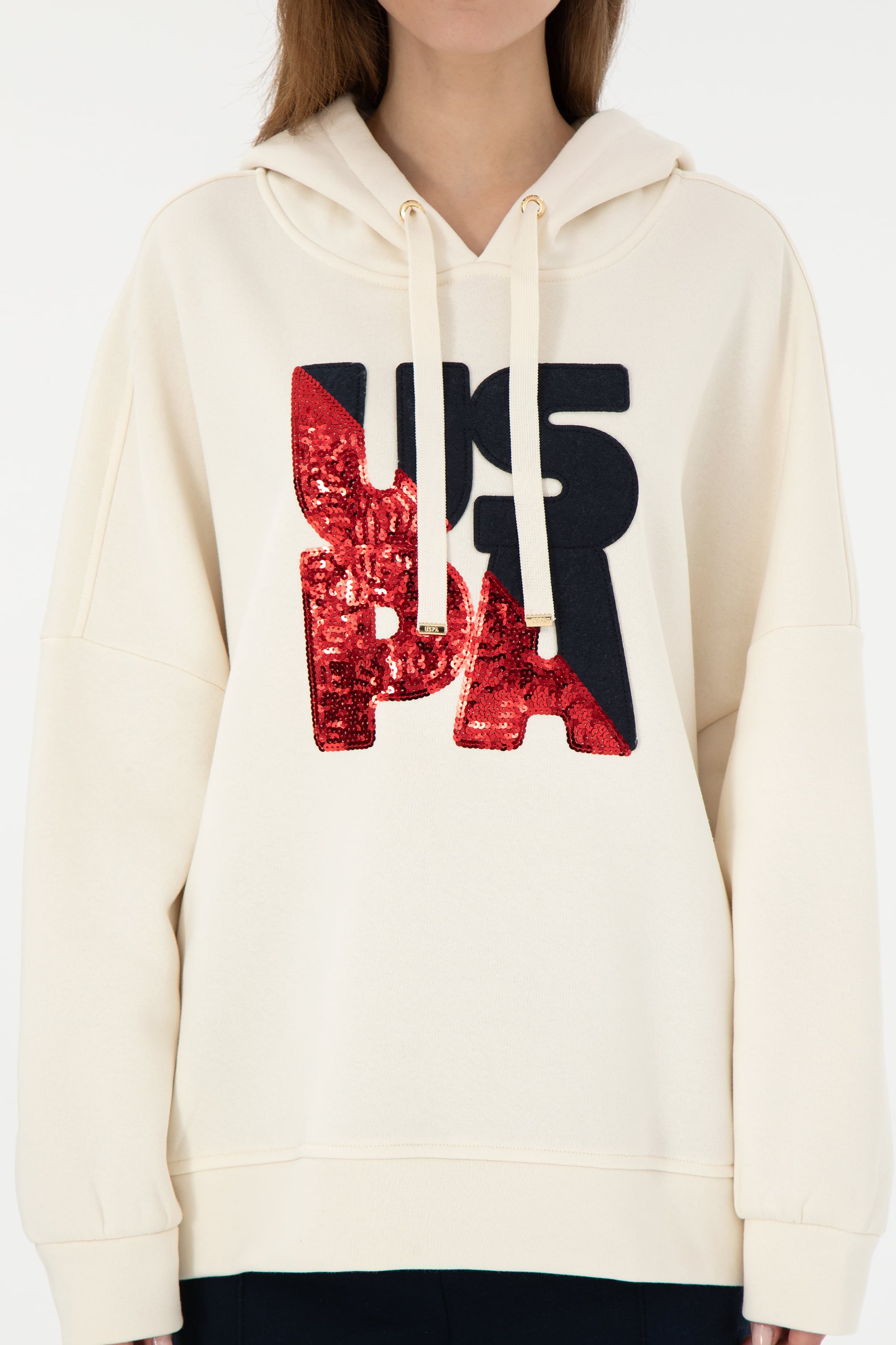 Kadın Krem Kapüşonlu Sweatshirt - Image 6