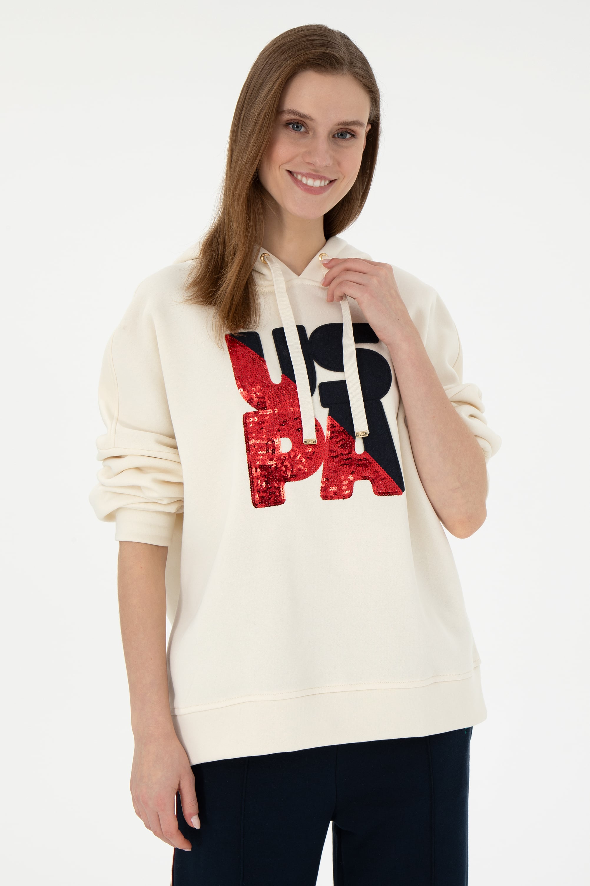 Kadın Krem Kapüşonlu Sweatshirt - Image 1