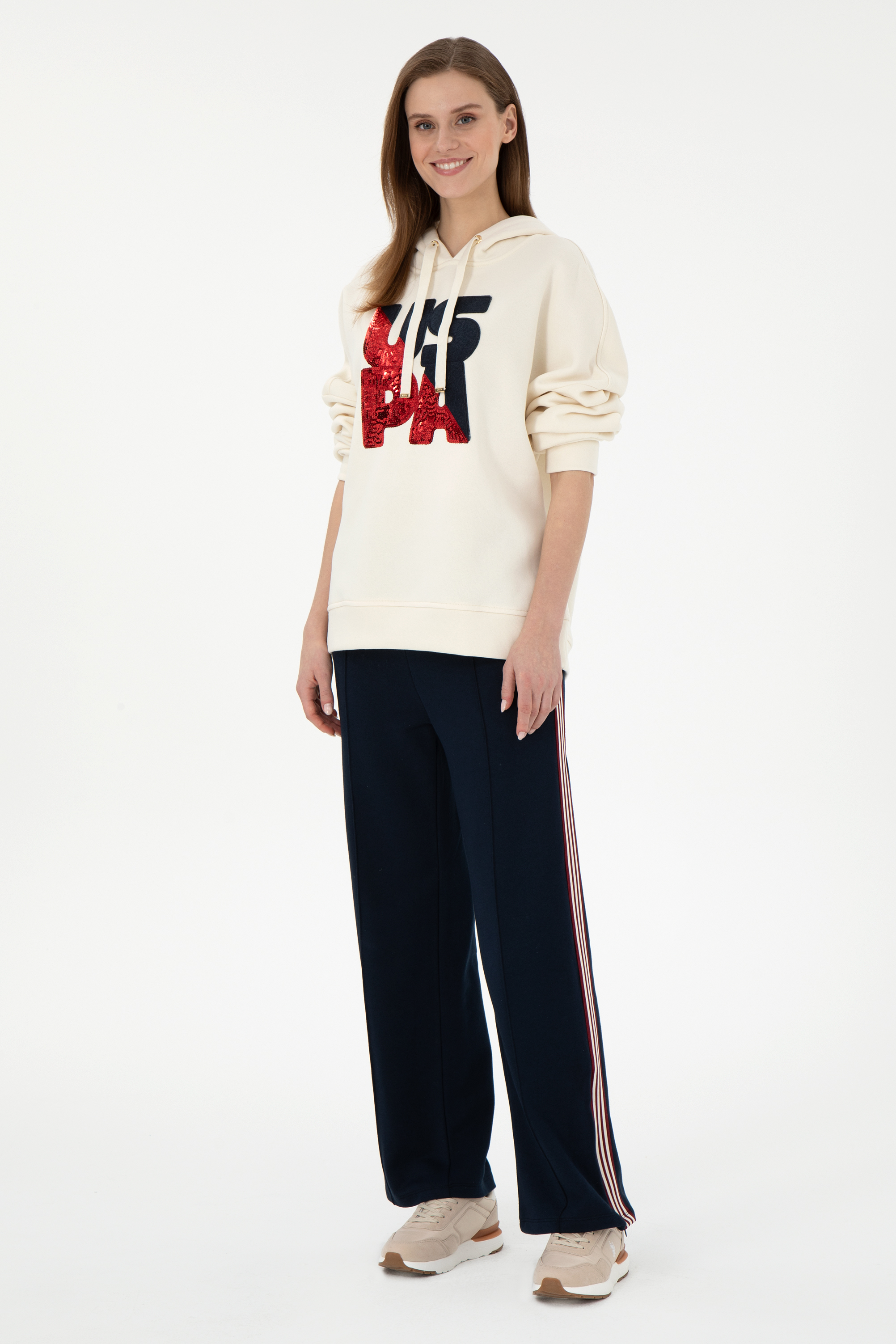 Kadın Krem Kapüşonlu Sweatshirt - Image 4