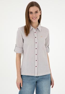 Kadın Bordo Uzun Kollu Çizgili Gömlek - 50297106020