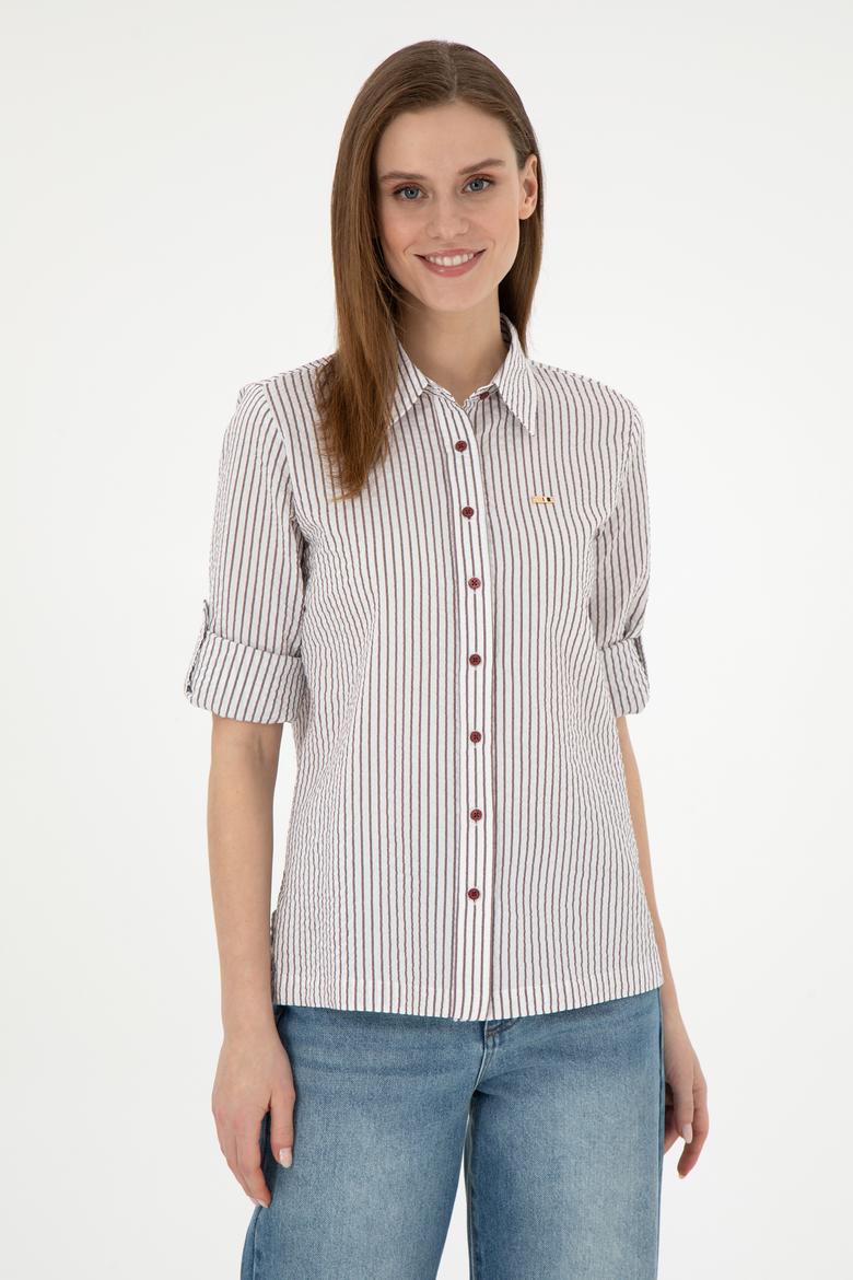 Kadın Bordo Uzun Kollu Çizgili Gömlek - 50297106020