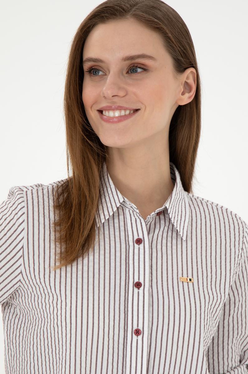 Kadın Bordo Uzun Kollu Çizgili Gömlek