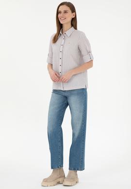 Kadın Bordo Uzun Kollu Çizgili Gömlek - 50297106020