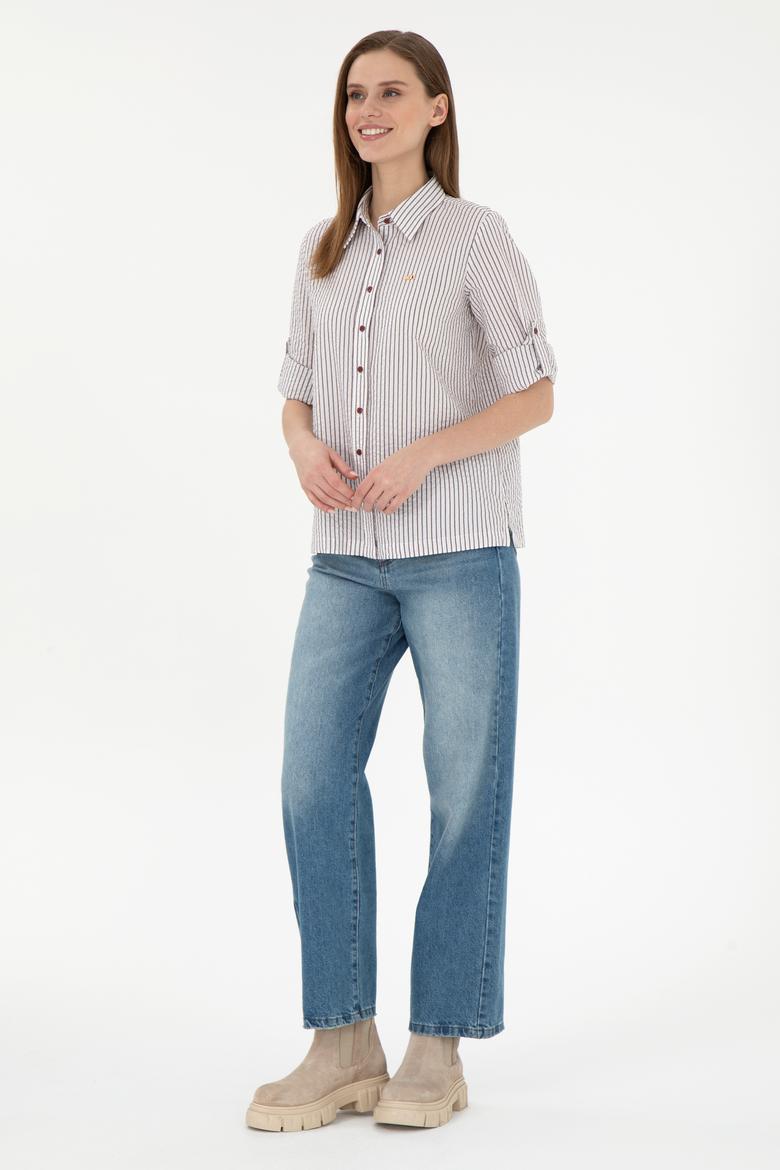 Kadın Bordo Uzun Kollu Çizgili Gömlek - 50297106020