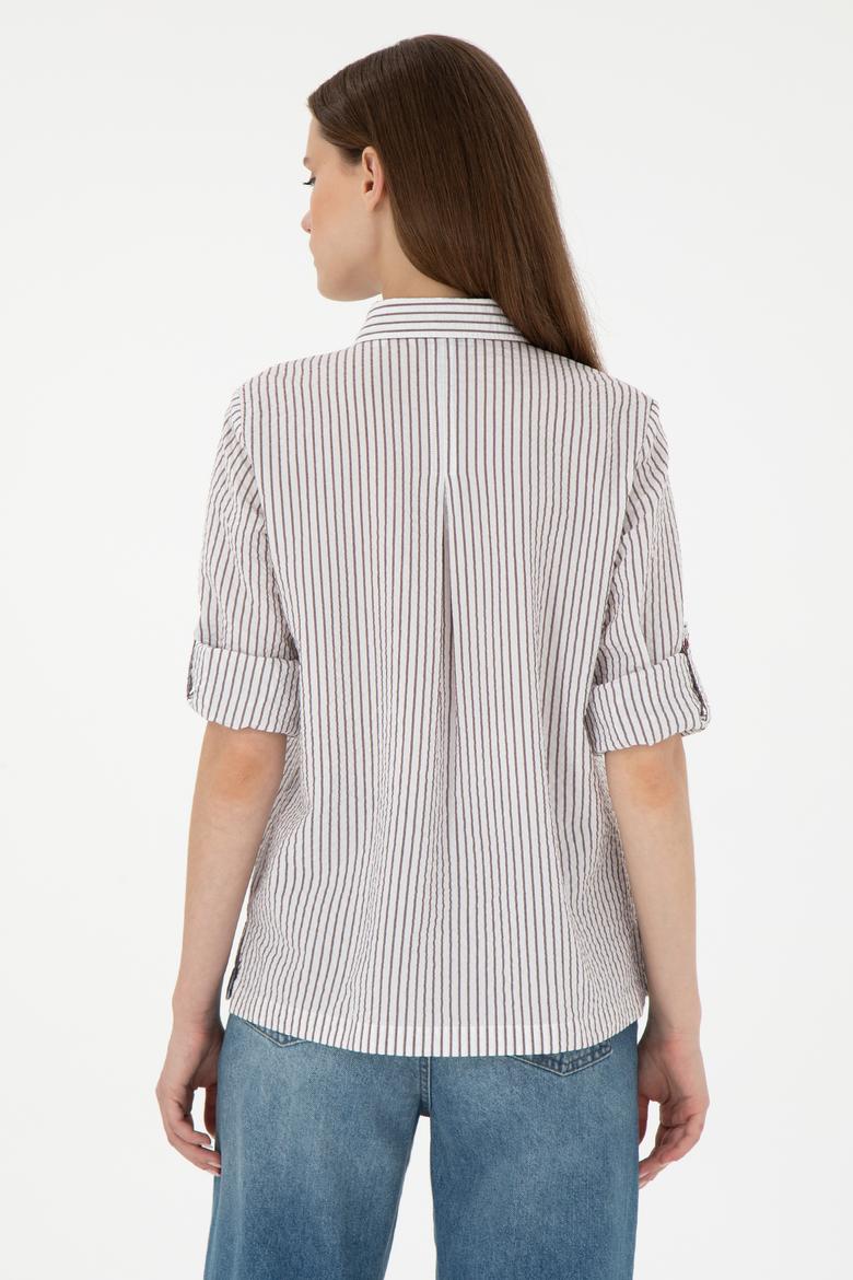 Kadın Bordo Uzun Kollu Çizgili Gömlek - 50297106020