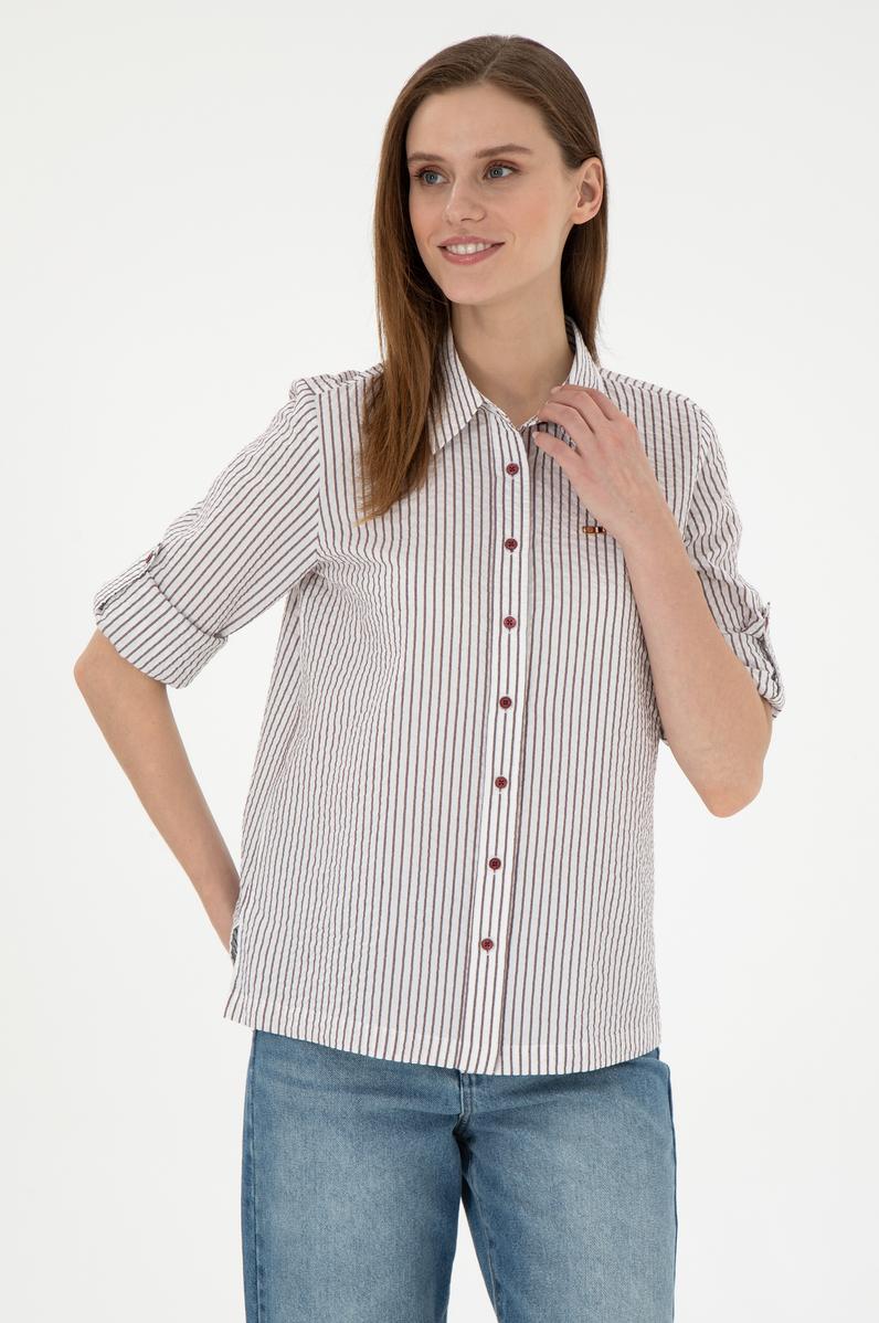 Kadın Bordo Uzun Kollu Çizgili Gömlek