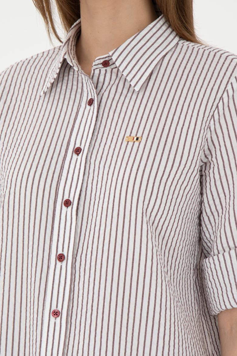 Kadın Bordo Uzun Kollu Çizgili Gömlek - 50297106020