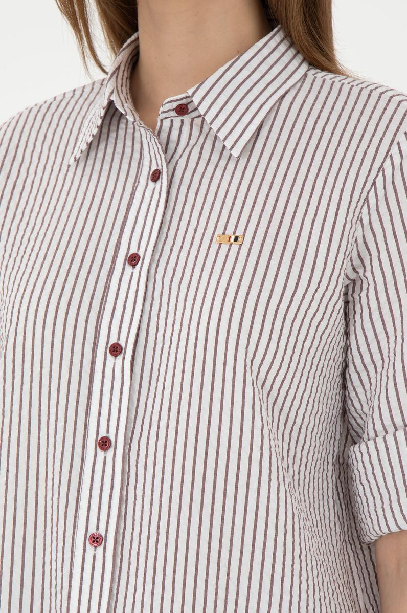 Kadın Bordo Uzun Kollu Çizgili Gömlek