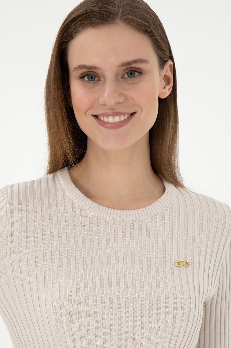 Kadın Krem Bisiklet Yaka Kazak