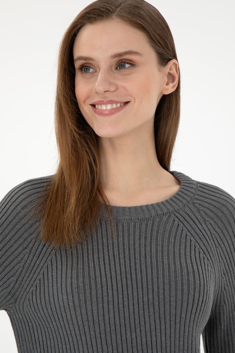 Kadın Gri Melanj Bisiklet Yaka Kazak - 50297095045