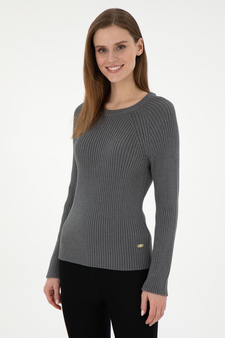 Kadın Gri Melanj Bisiklet Yaka Kazak - 50297095045